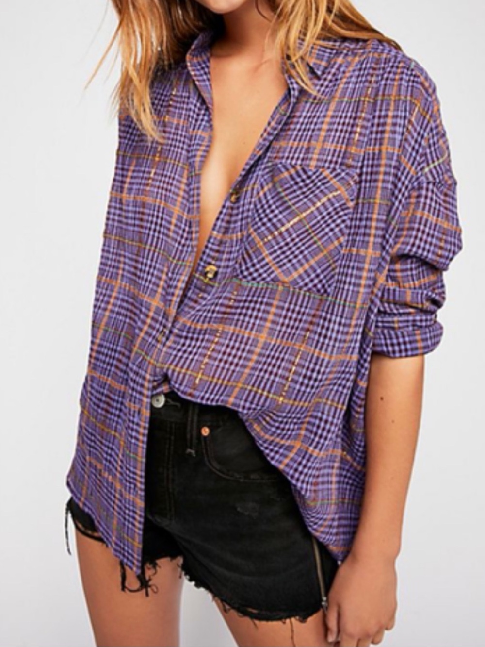 Free People Break My Stride Plaid Button Down Shirt Sz XS